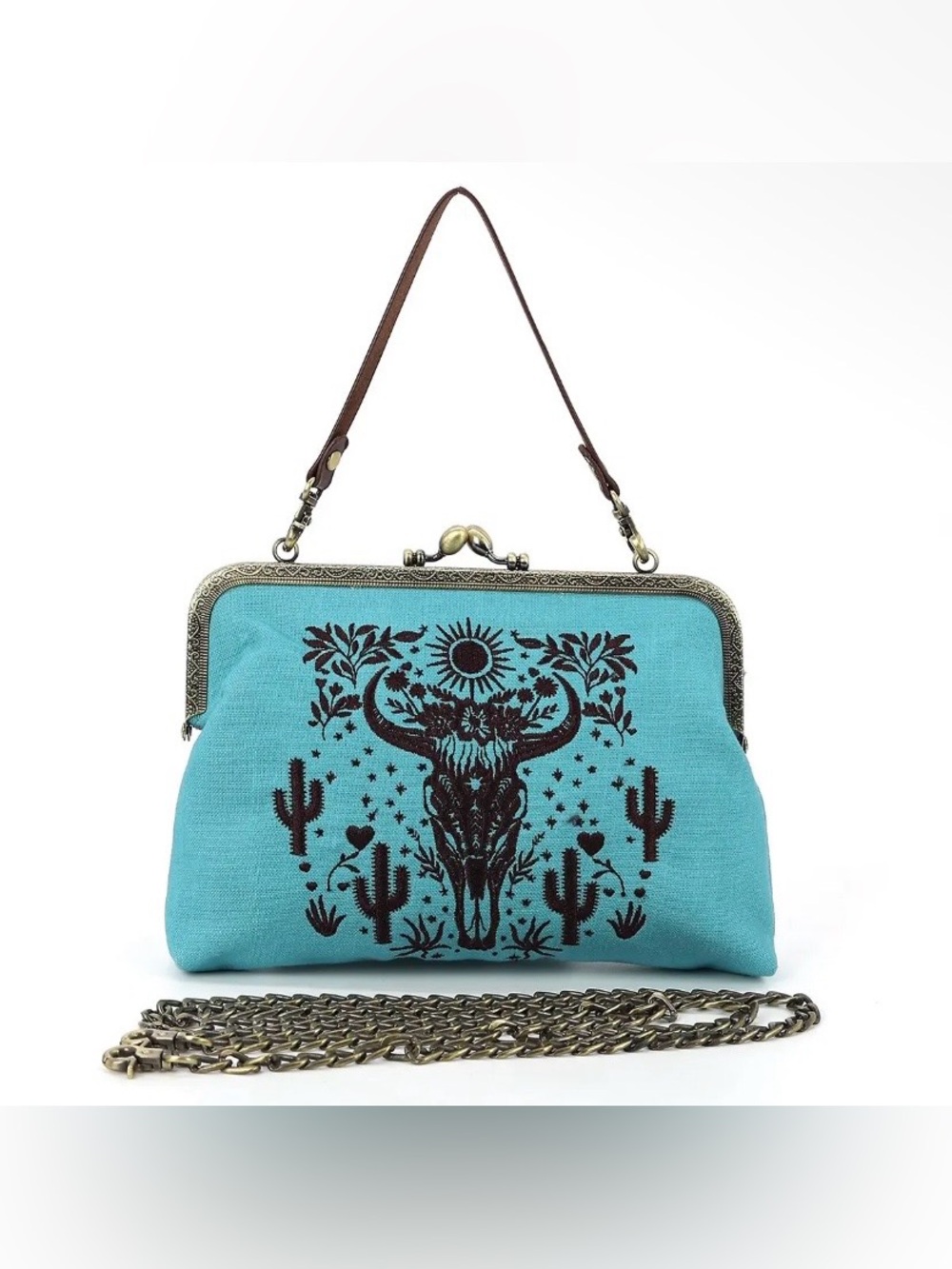 Turquoise Western Skull Print Frame Clutch